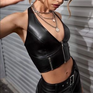 NEVER WORN SHEIN ICON Zip Up Backless PU Leather Halter Top size S